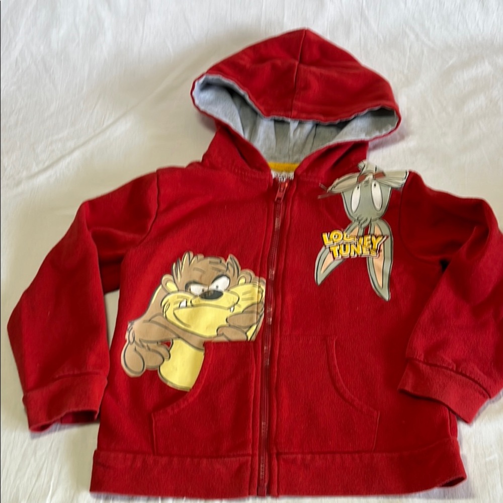 Warner Bros. Red Looney Tunes Kids Hoodie with Taz and Bugs, size 5 yrs